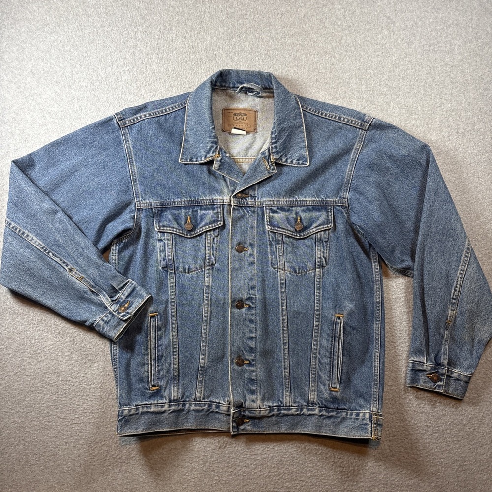 Vintage 90s Denim Jacket Route 66 Mens Medium Blue Trucker Jean Jacket